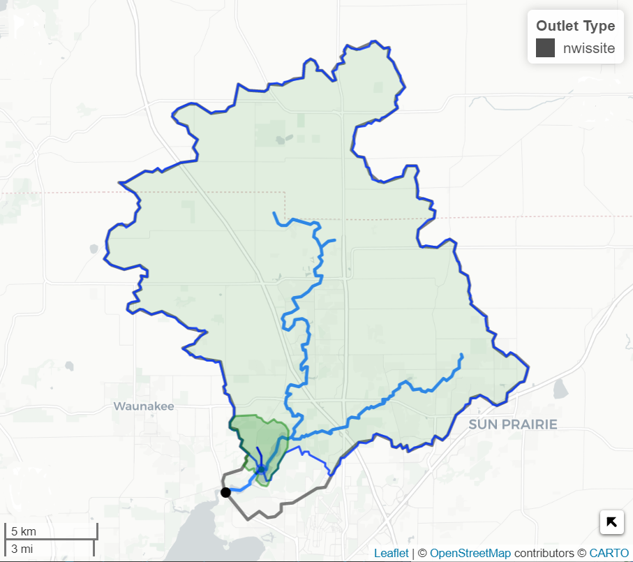 Custom delineated drainage basin produced by combining split catchment with upstream accumulation