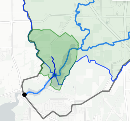 Raindrop trace (dark blue) intersecting a flowline (lighter blue), with the local NHDPlusV2 catchment (green) and custom drainage basin (faint green with blue border)