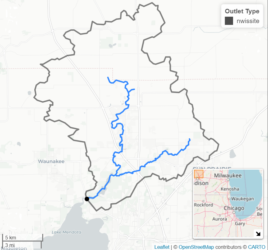 Drainage basin upstream of a streamgage, showing the basin context